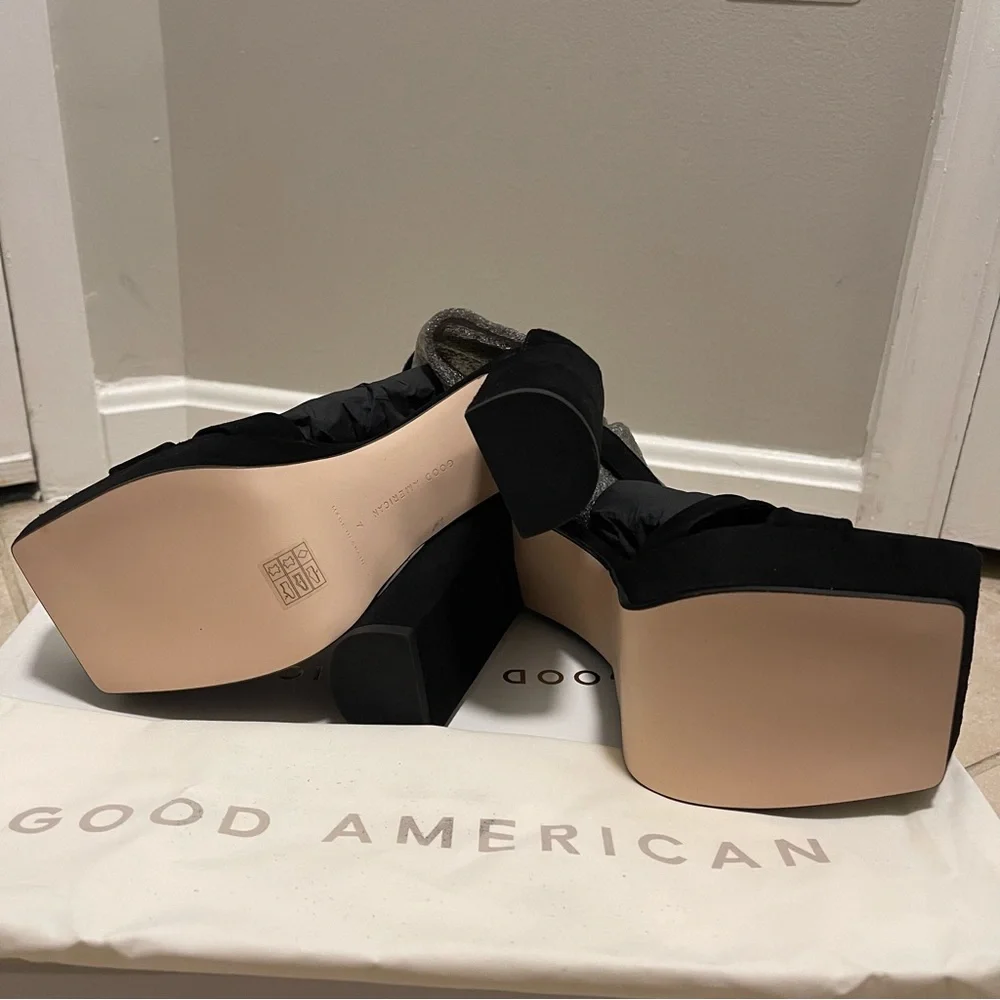 Good American Square Toe Chunky Heel Strappy Platform in Black Suede